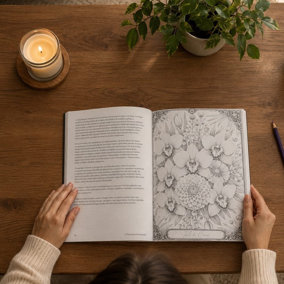 Mesa de trabalho com o livro aberto na mandala floral, vela e planta ao redor