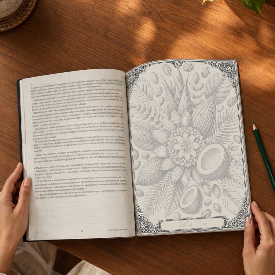 Página interna com mandala inspirada em elementos tropicais, etapa da natureza